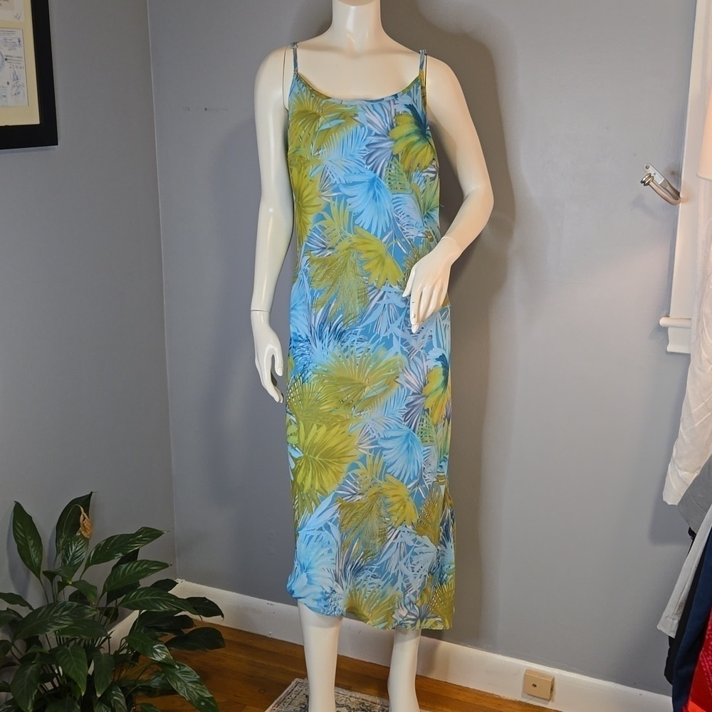 Venezia Tropical Print Lined Midi Vintage Slipdress Asymetrical Hem - Sz 18/20
